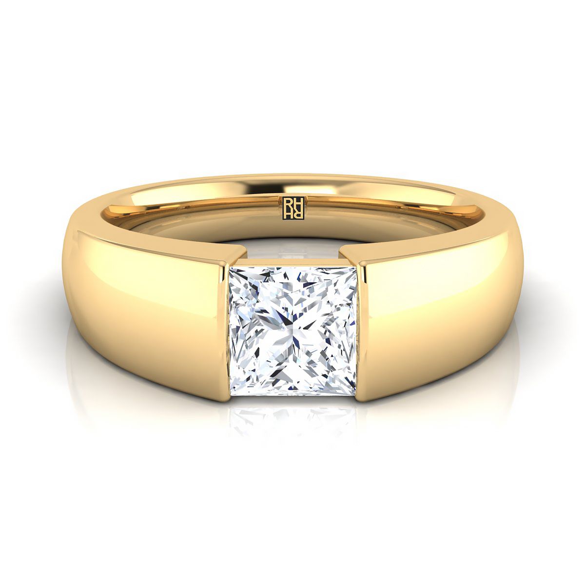 Wide High Polish Tension Channel Solitaire Princess, in 18K Yellow Gold | RockHer