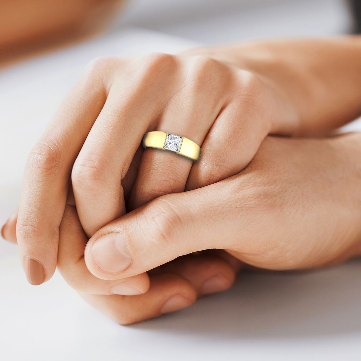 Wide High Polish Tension Channel Solitaire Princess, in 18K Yellow Gold – detail view | RockHer