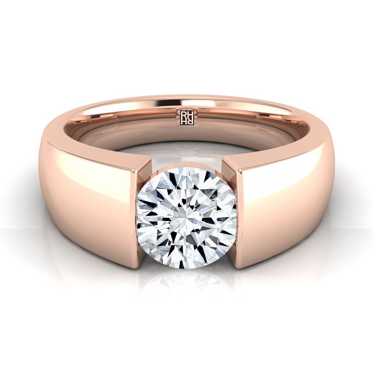 14K Rose Gold Round Brilliant  Wide High Polish Band Tension Set Solitaire Engagement Ring