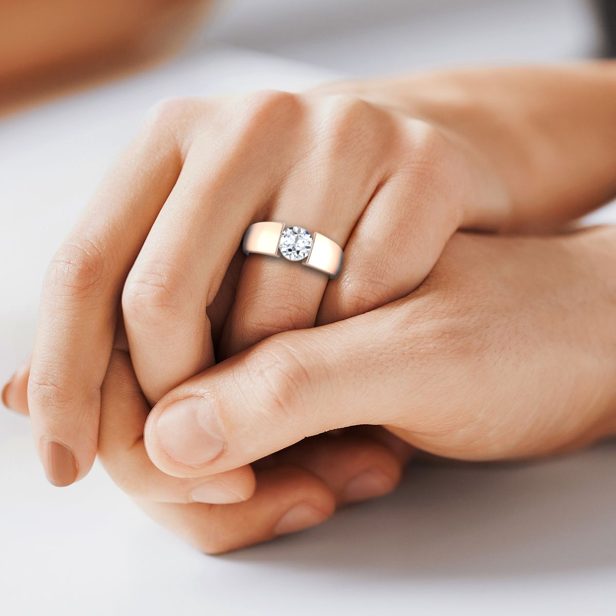 14K Rose Gold Round Brilliant  Wide High Polish Band Tension Set Solitaire Engagement Ring