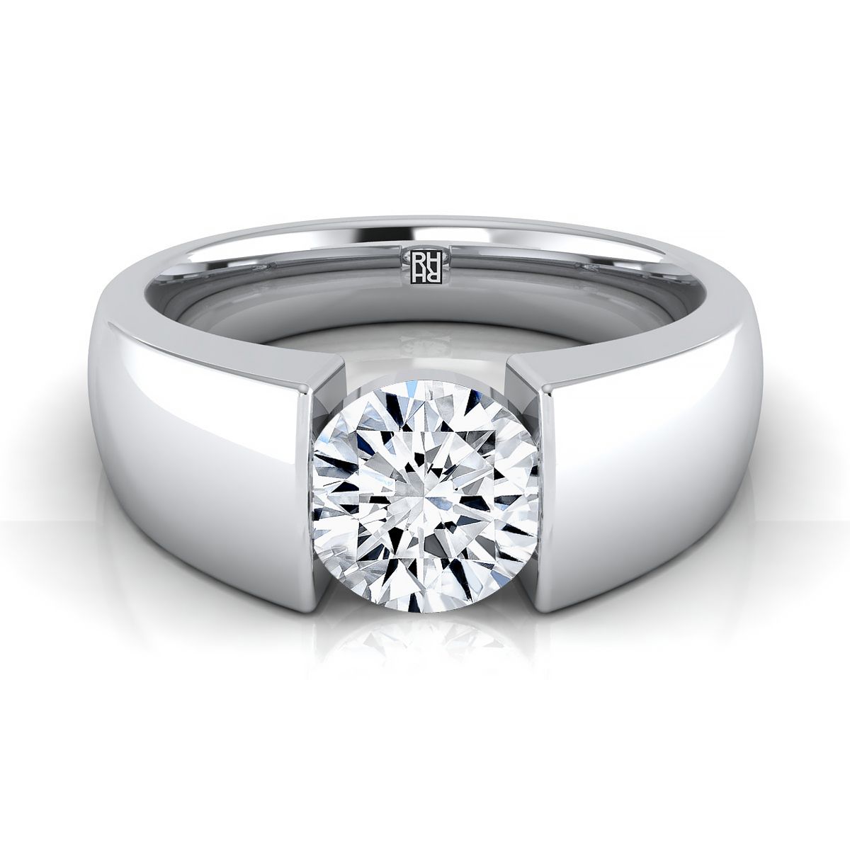 Round Brilliant, Wide High Polish Tension Channel Solitaire, in 18K White Gold | RockHer