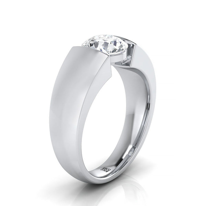 Round Brilliant, Wide High Polish Tension Channel Solitaire, in Platinum – side profile | RockHer