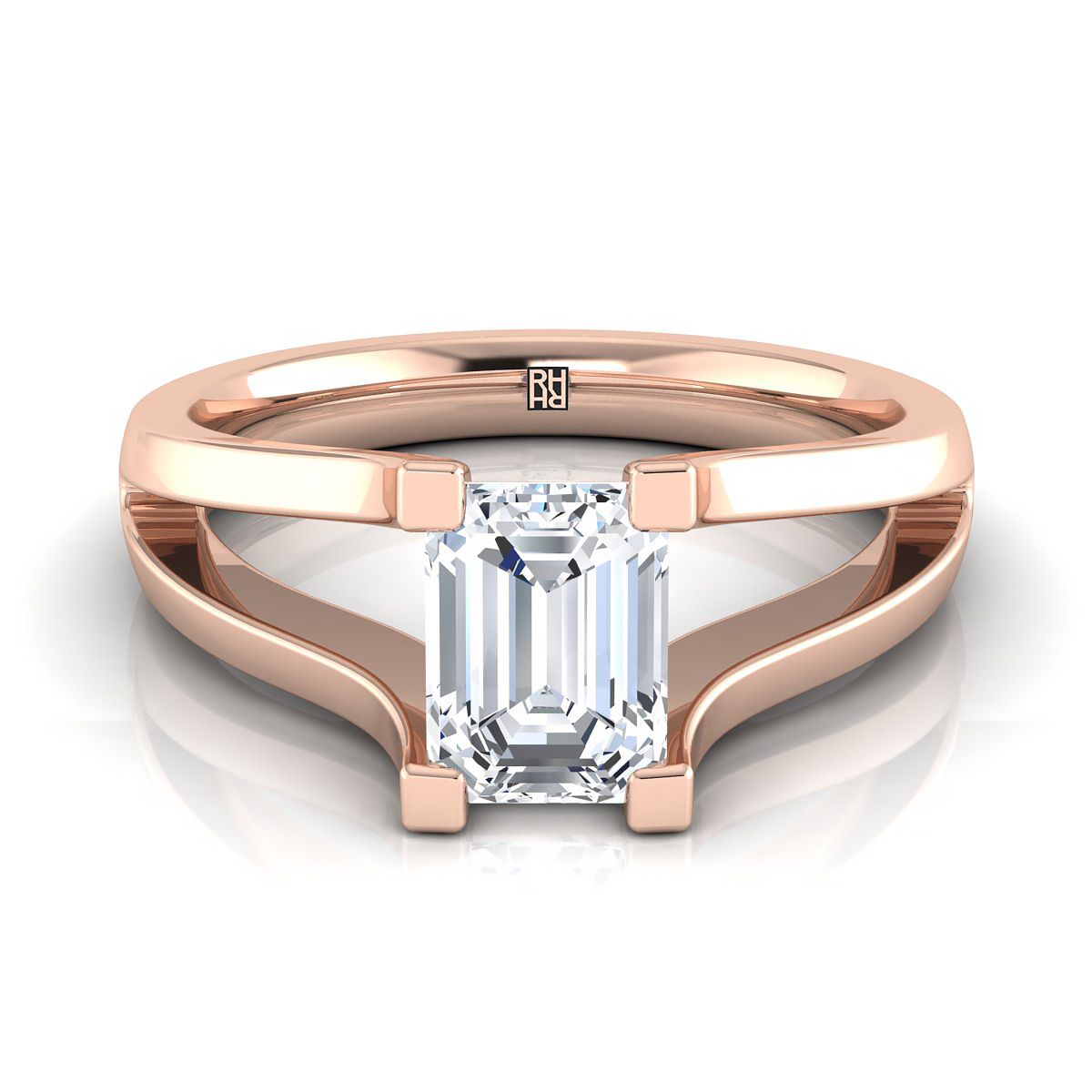 European Cut, Plain High Polish Split Shank Solitaire Emerald, in 14K Rose Gold, prong setting | RockHer