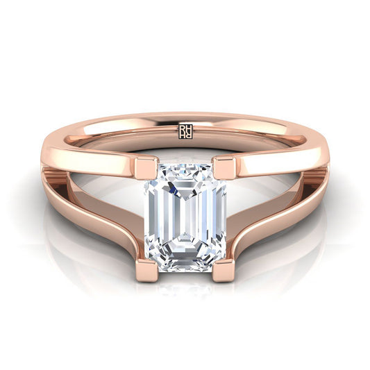 European Cut, Plain High Polish Split Shank Solitaire Emerald, in 14K Rose Gold, prong setting | RockHer