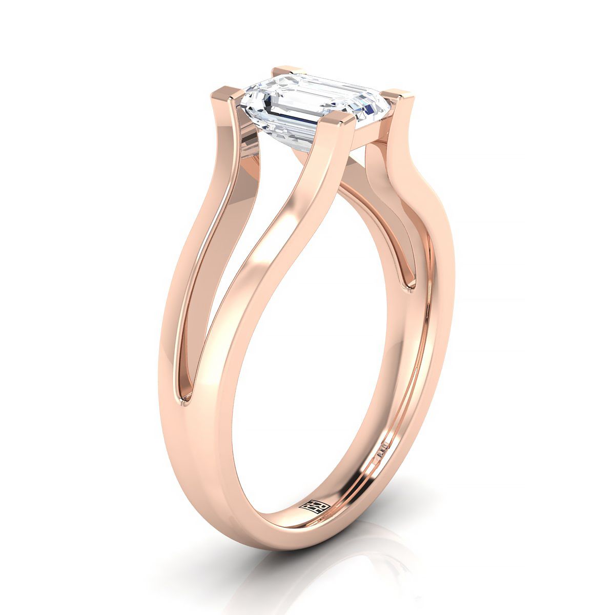 European Cut, Plain High Polish Split Shank Solitaire Emerald, in 14K Rose Gold, prong setting – side profile | RockHer