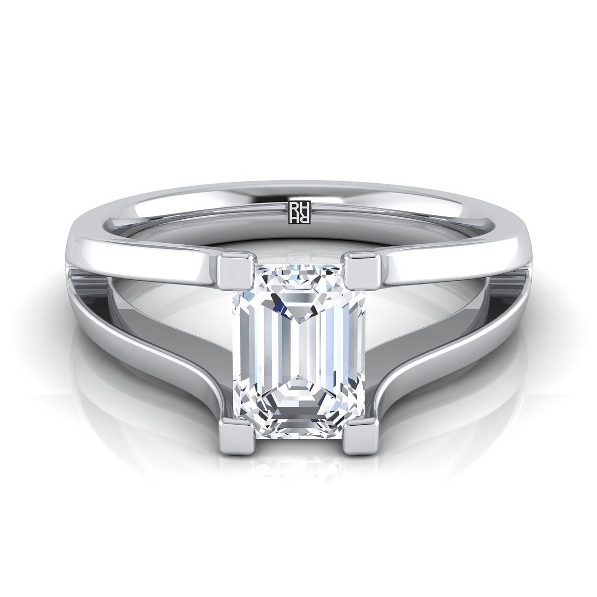 European Cut, Plain High Polish Split Shank Solitaire Emerald, in Platinum | RockHer