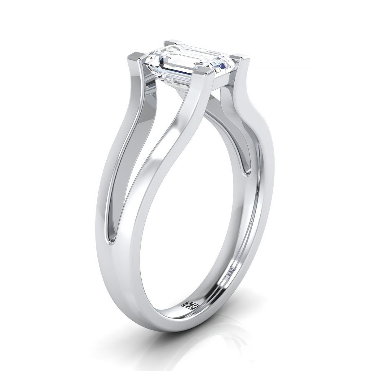European Cut, Plain High Polish Split Shank Solitaire Emerald, in 18K White Gold – side profile | RockHer