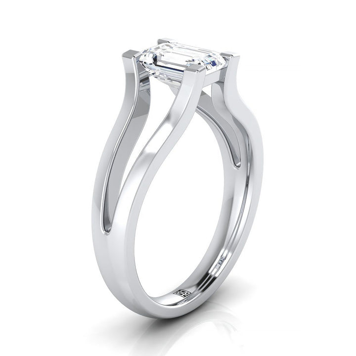 European Cut, Plain High Polish Split Shank Solitaire Emerald, in 18K White Gold – side profile | RockHer