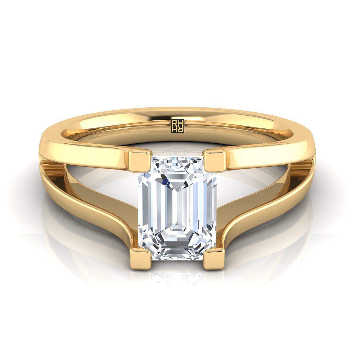 European Cut, Plain High Polish Split Shank Solitaire Emerald, in 18K Yellow Gold | RockHer