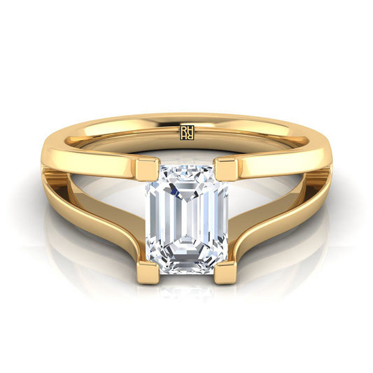 European Cut, Plain High Polish Split Shank Solitaire Emerald, in 18K Yellow Gold | RockHer