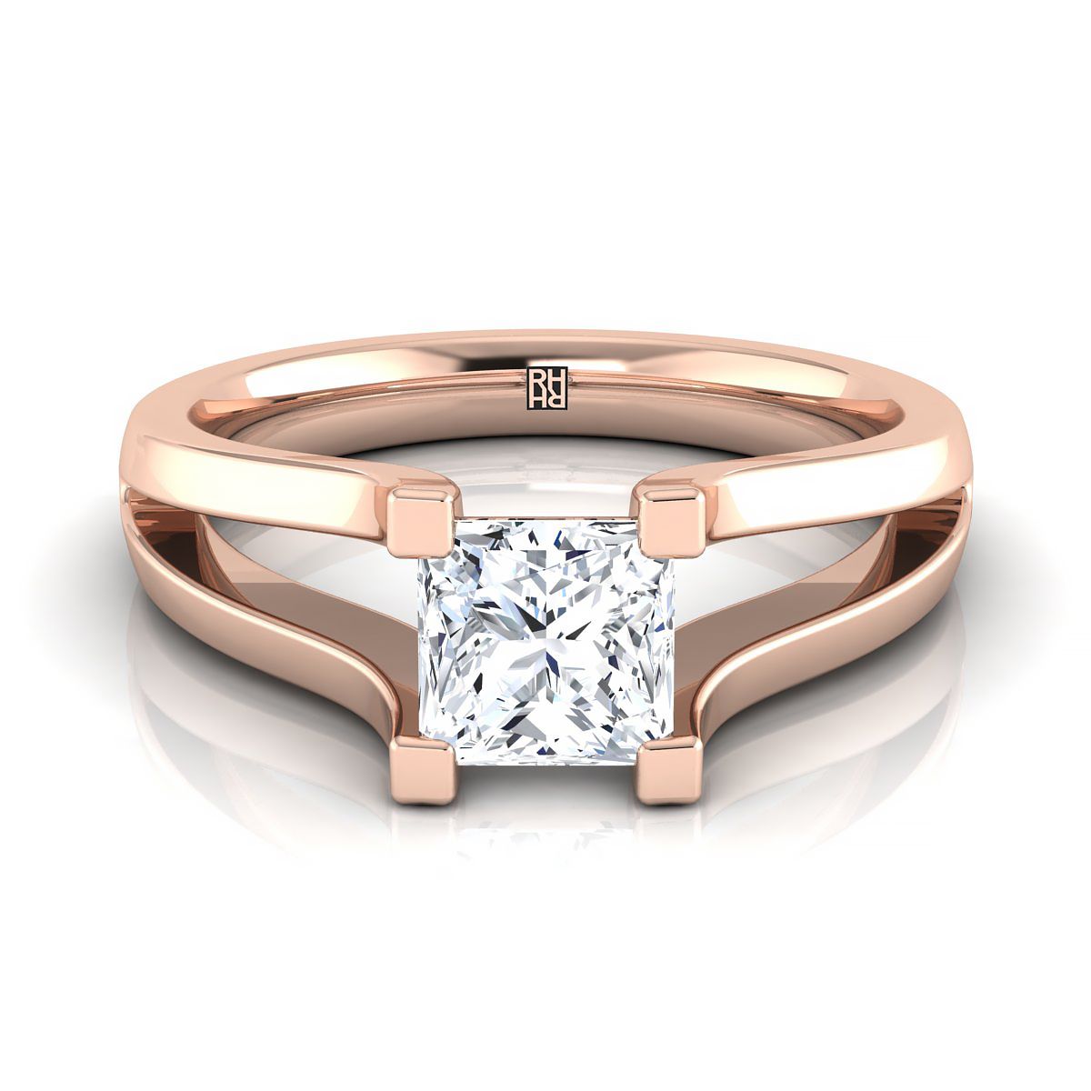 Plain High Polish Split Shank Solitaire Princess, in 14K Rose Gold, prong setting | RockHer