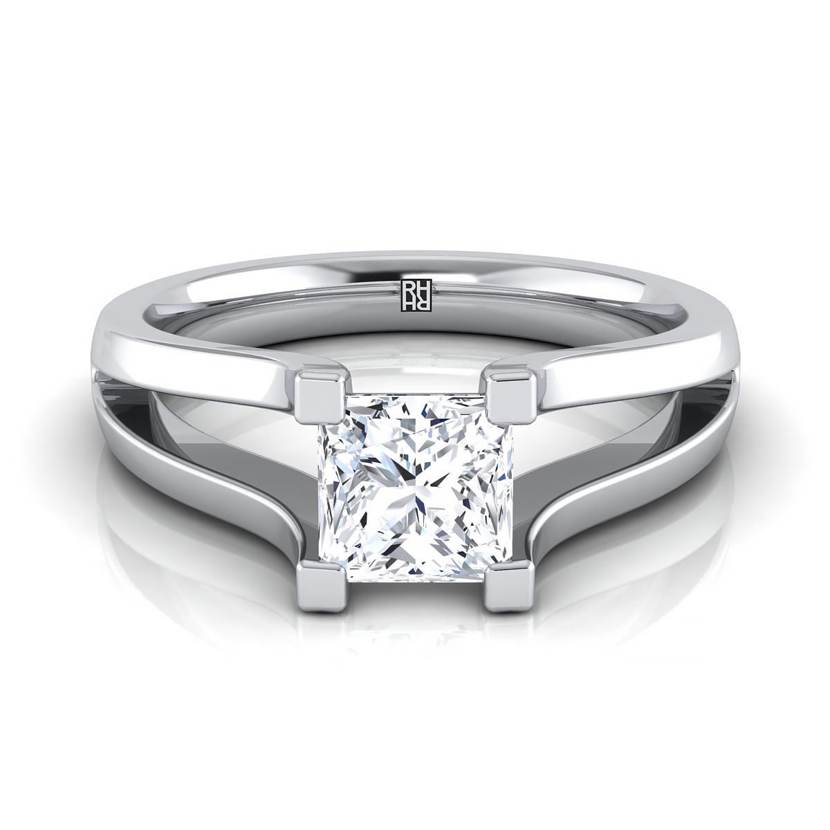 Plain High Polish Split Shank Solitaire Princess, in 18K White Gold | RockHer