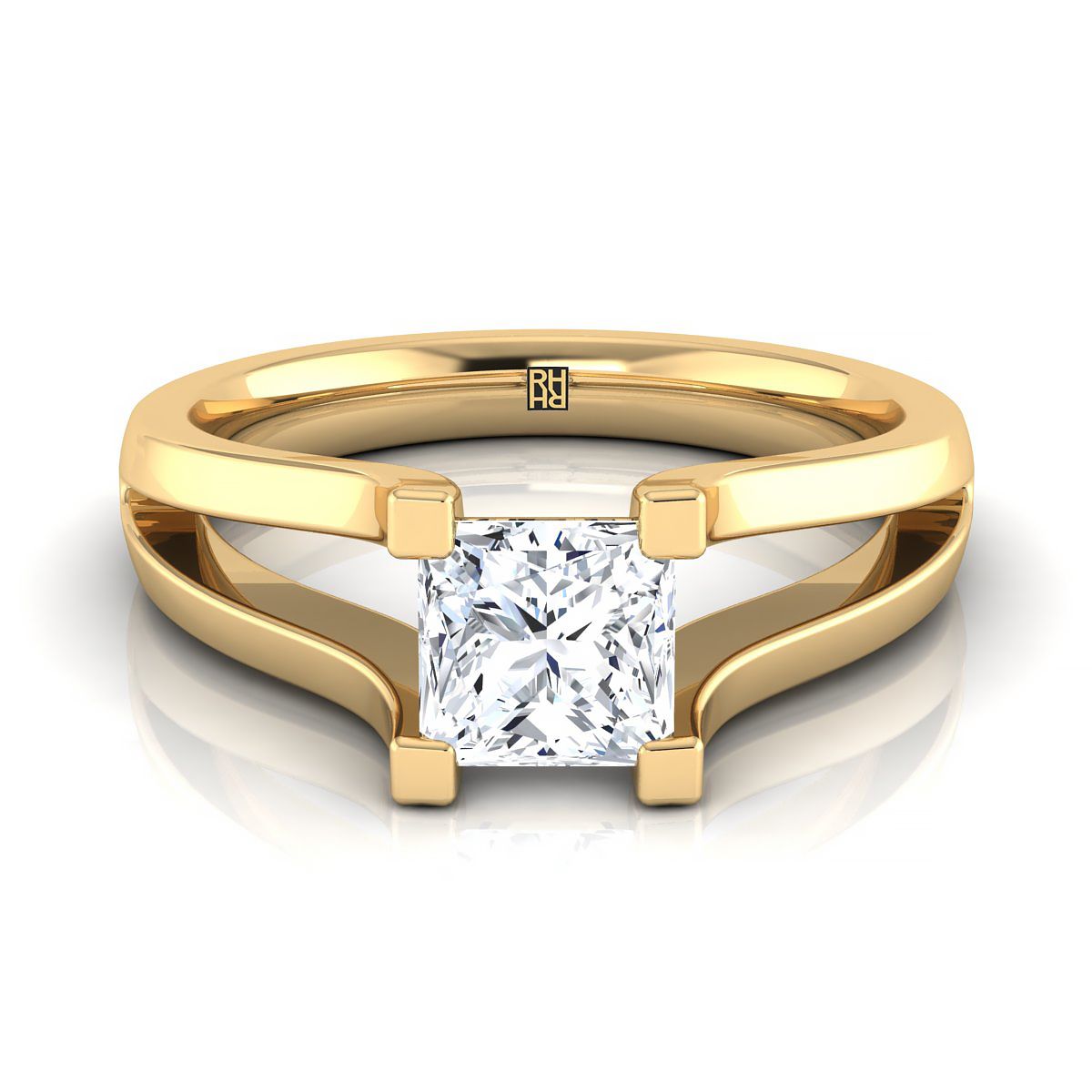 Plain High Polish Split Shank Solitaire Princess, in 18K Yellow Gold | RockHer