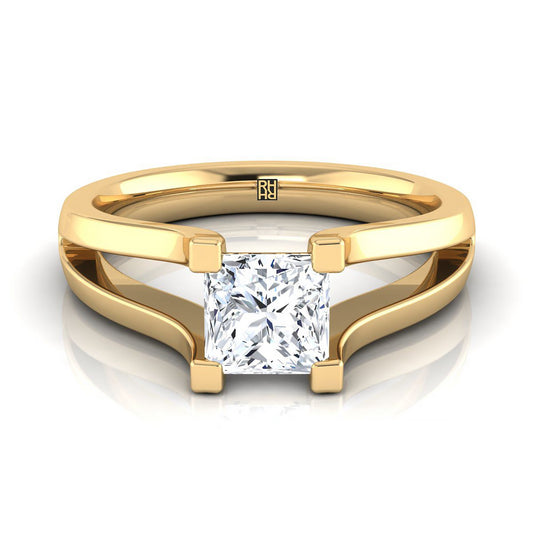 Plain High Polish Split Shank Solitaire Princess, in 18K Yellow Gold | RockHer