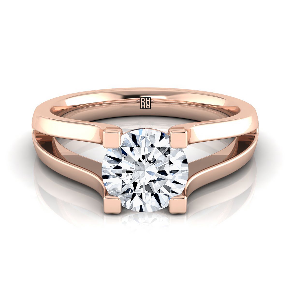 Round Brilliant, Plain High Polish Split Shank Solitaire, in 14K Rose Gold, prong setting | RockHer