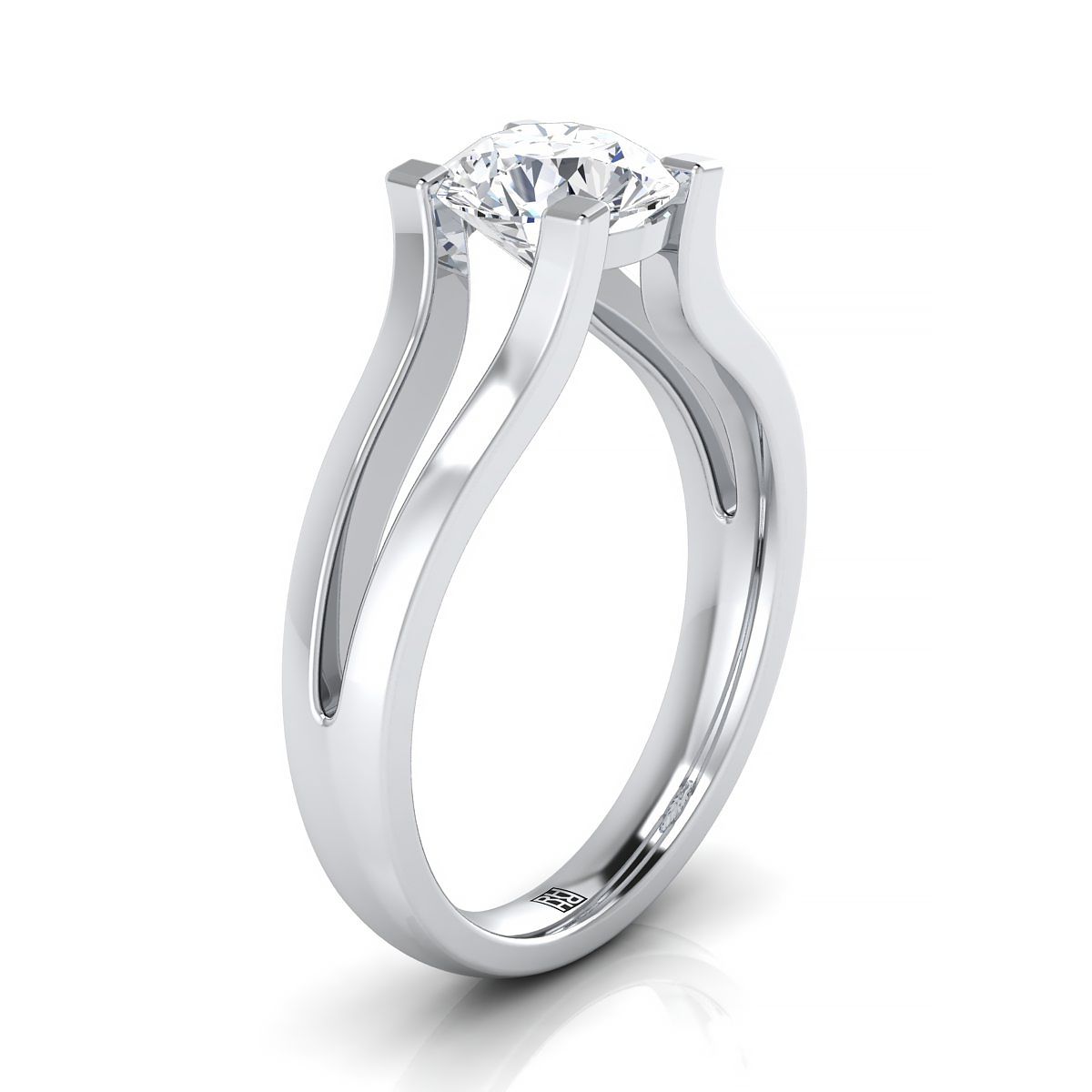 18K White Gold Round Brilliant  Plain High Polish Split Shank Solitaire Engagement Ring