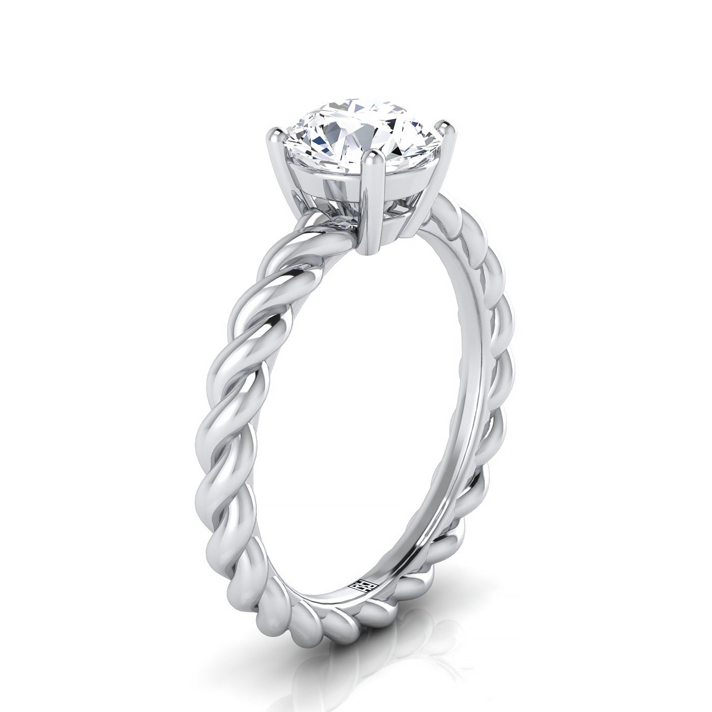 14K White Gold Round Brilliant  Twisted Rope Braid Solitaire Band