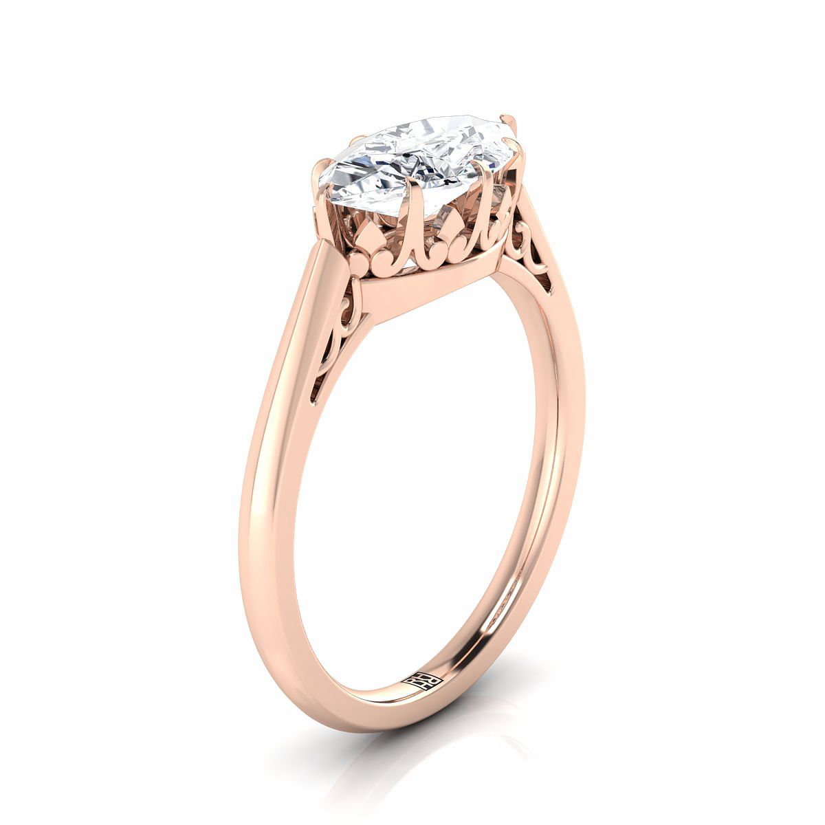 Antique Scroll Gallery East-West Solitaire Marquise, in 14K Rose Gold, pave setting – side profile | RockHer