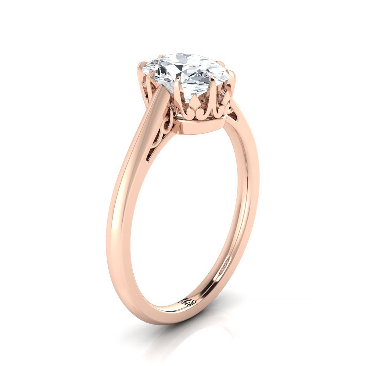 Antique Scroll Gallery East-West Solitaire Oval, in 14K Rose Gold, pave setting – side profile | RockHer