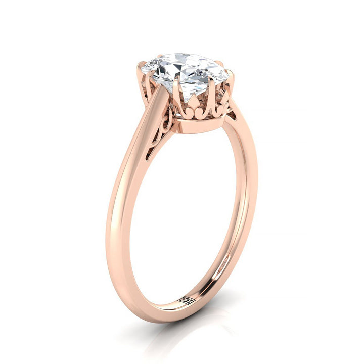 Antique Scroll Gallery East-West Solitaire Oval, in 14K Rose Gold, pave setting – side profile | RockHer