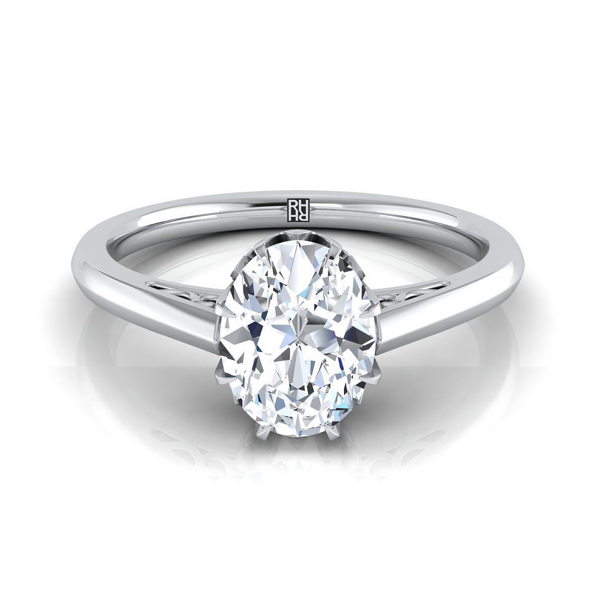 Antique Scroll Gallery East-West Solitaire Oval, in 18K White Gold | RockHer