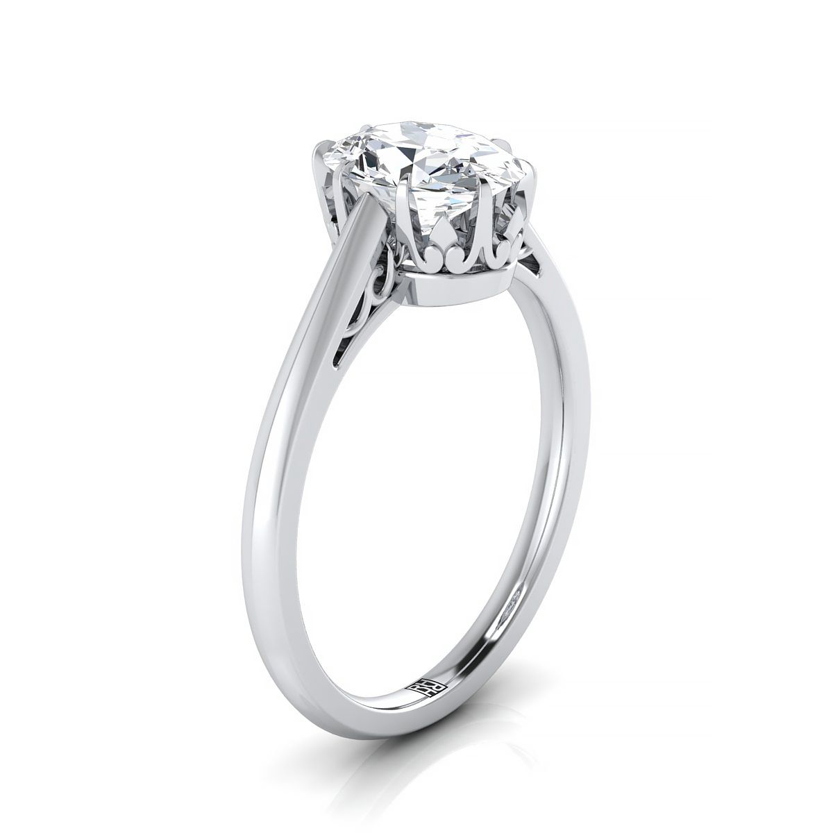 Antique Scroll Gallery East-West Solitaire Oval, in 18K White Gold – side profile | RockHer