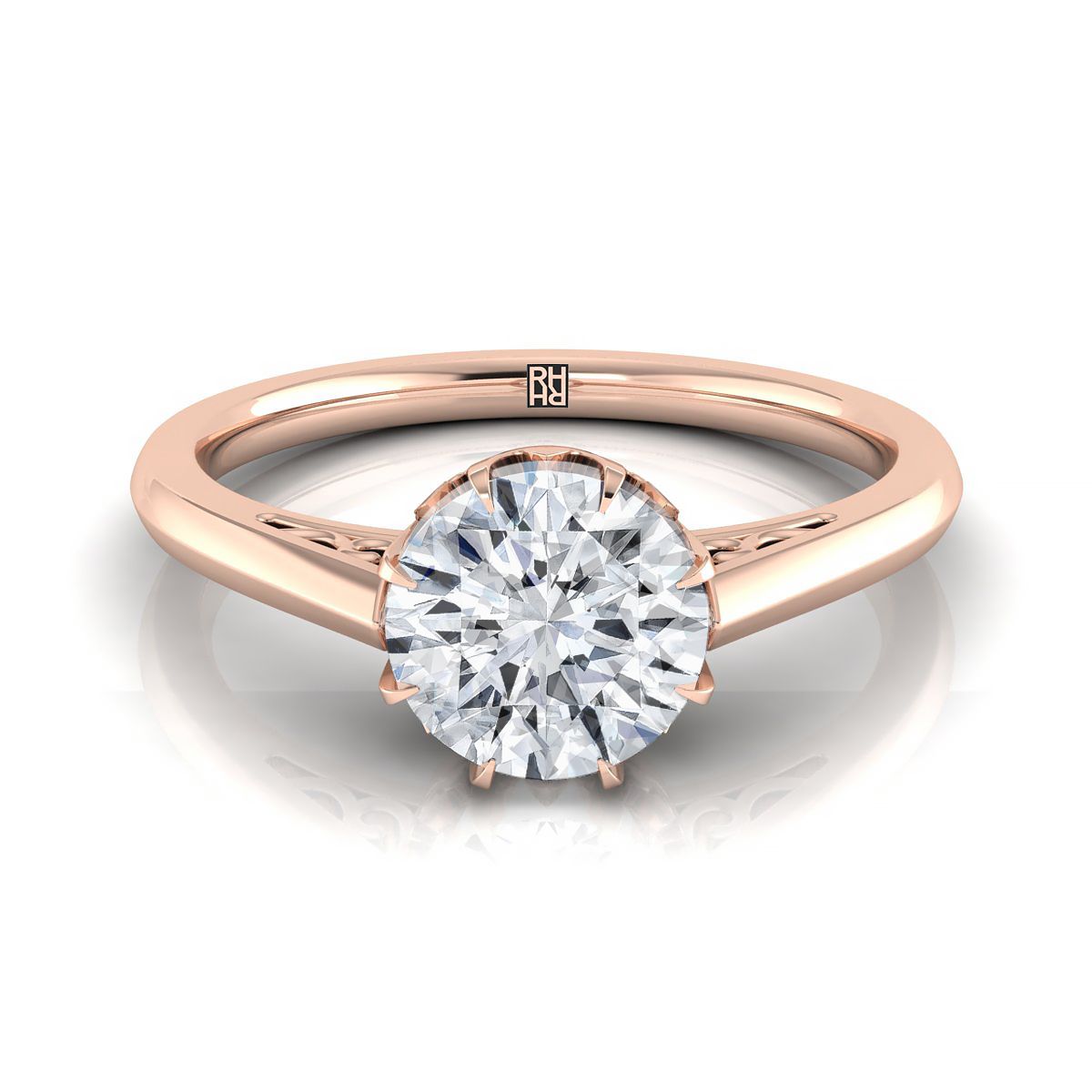 Round Brilliant, Antique Scroll Gallery East-West Solitaire, in 14K Rose Gold, pave setting | RockHer