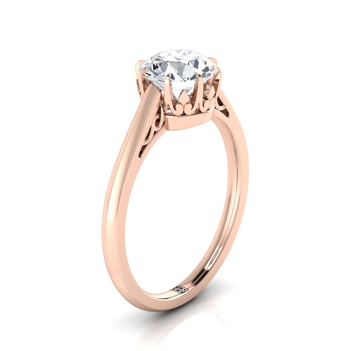 Round Brilliant, Antique Scroll Gallery East-West Solitaire, in 14K Rose Gold, pave setting – side profile | RockHer