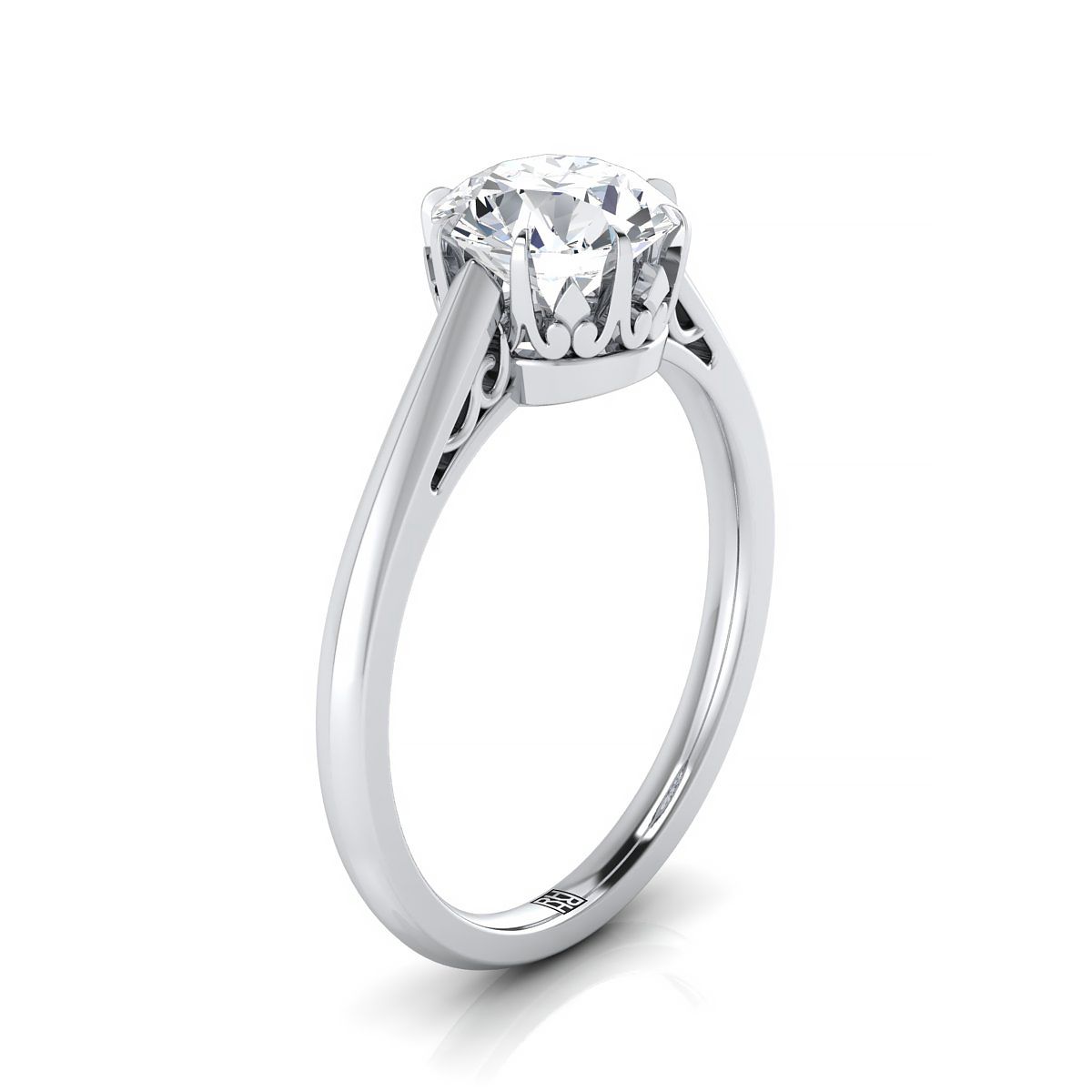 Round Brilliant, Antique Scroll Gallery East-West Solitaire, in 18K White Gold – side profile | RockHer