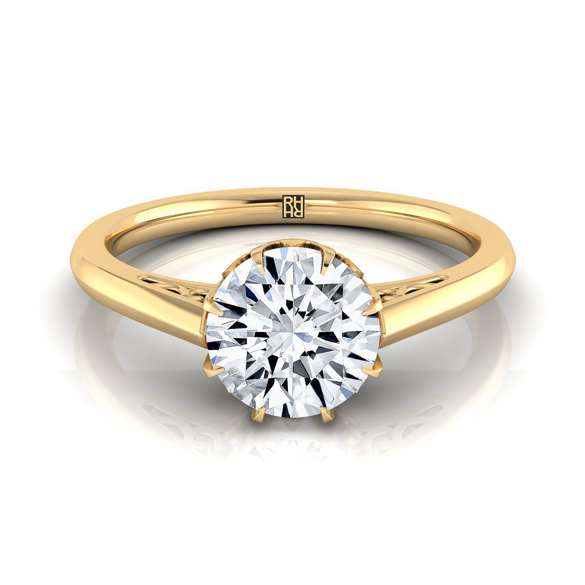Round Brilliant, Antique Scroll Gallery East-West Solitaire, in 18K Yellow Gold | RockHer