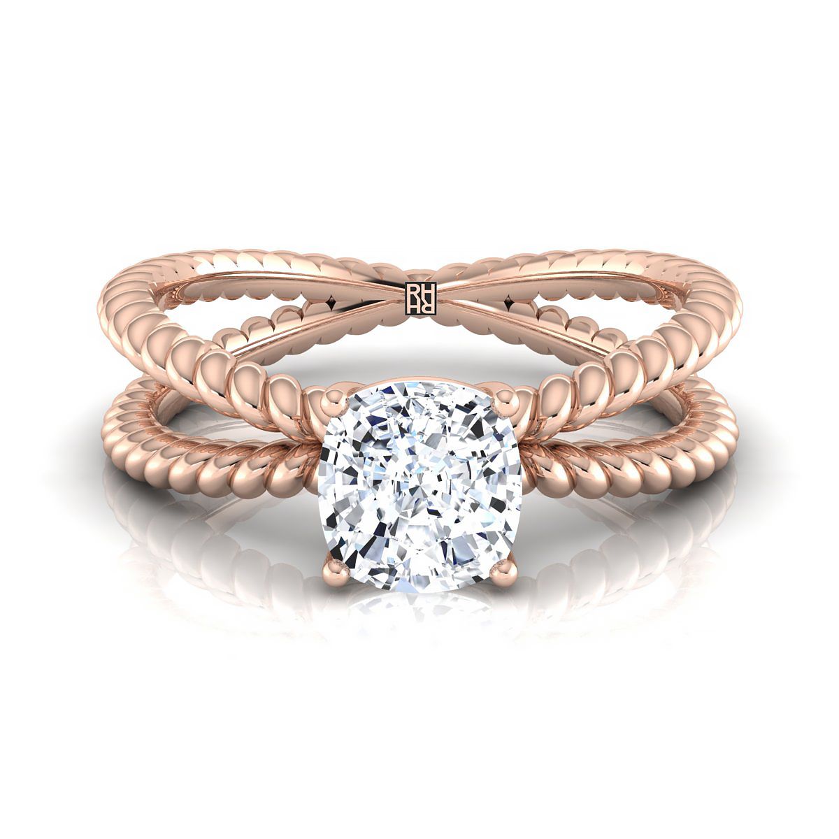 Criss Cross Twisted Rope Split Shank Solitaire Cushion, in 14K Rose Gold, prong setting | RockHer