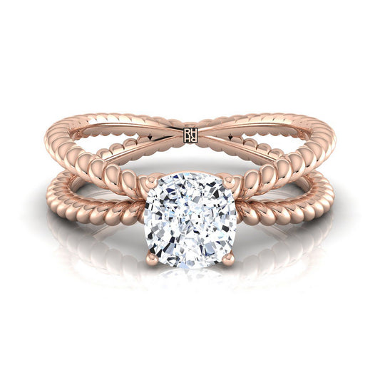 Criss Cross Twisted Rope Split Shank Solitaire Cushion, in 14K Rose Gold, prong setting | RockHer