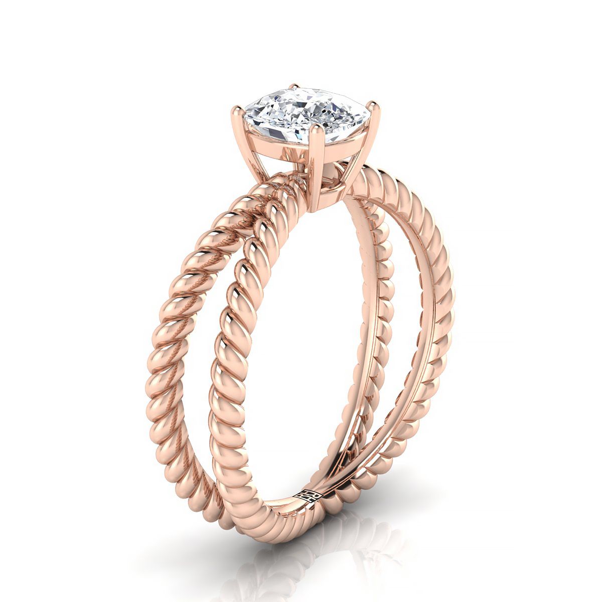 Criss Cross Twisted Rope Split Shank Solitaire Cushion, in 14K Rose Gold, prong setting – side profile | RockHer
