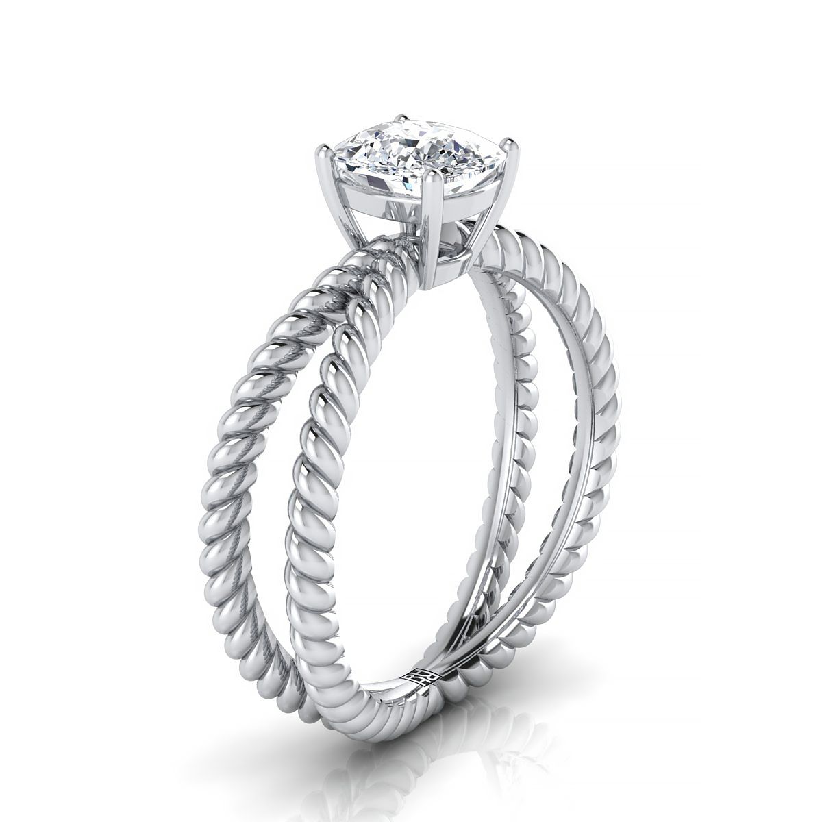 Criss Cross Twisted Rope Split Shank Solitaire Cushion, in Platinum, prong setting | RockHer