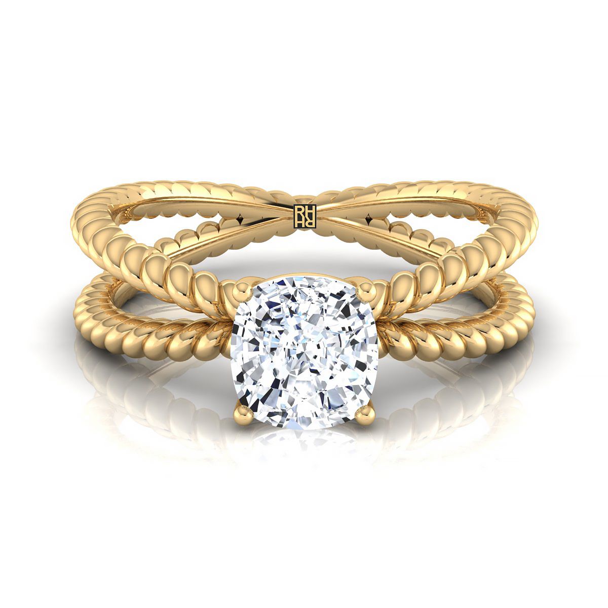 Criss Cross Twisted Rope Split Shank Solitaire Cushion, in 18K Yellow Gold | RockHer