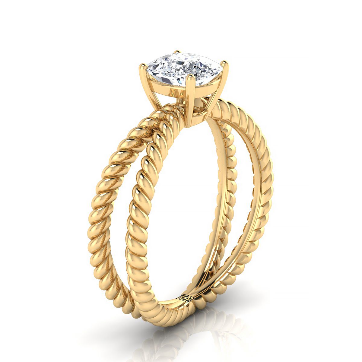 Criss Cross Twisted Rope Split Shank Solitaire Cushion, in 18K Yellow Gold – side profile | RockHer