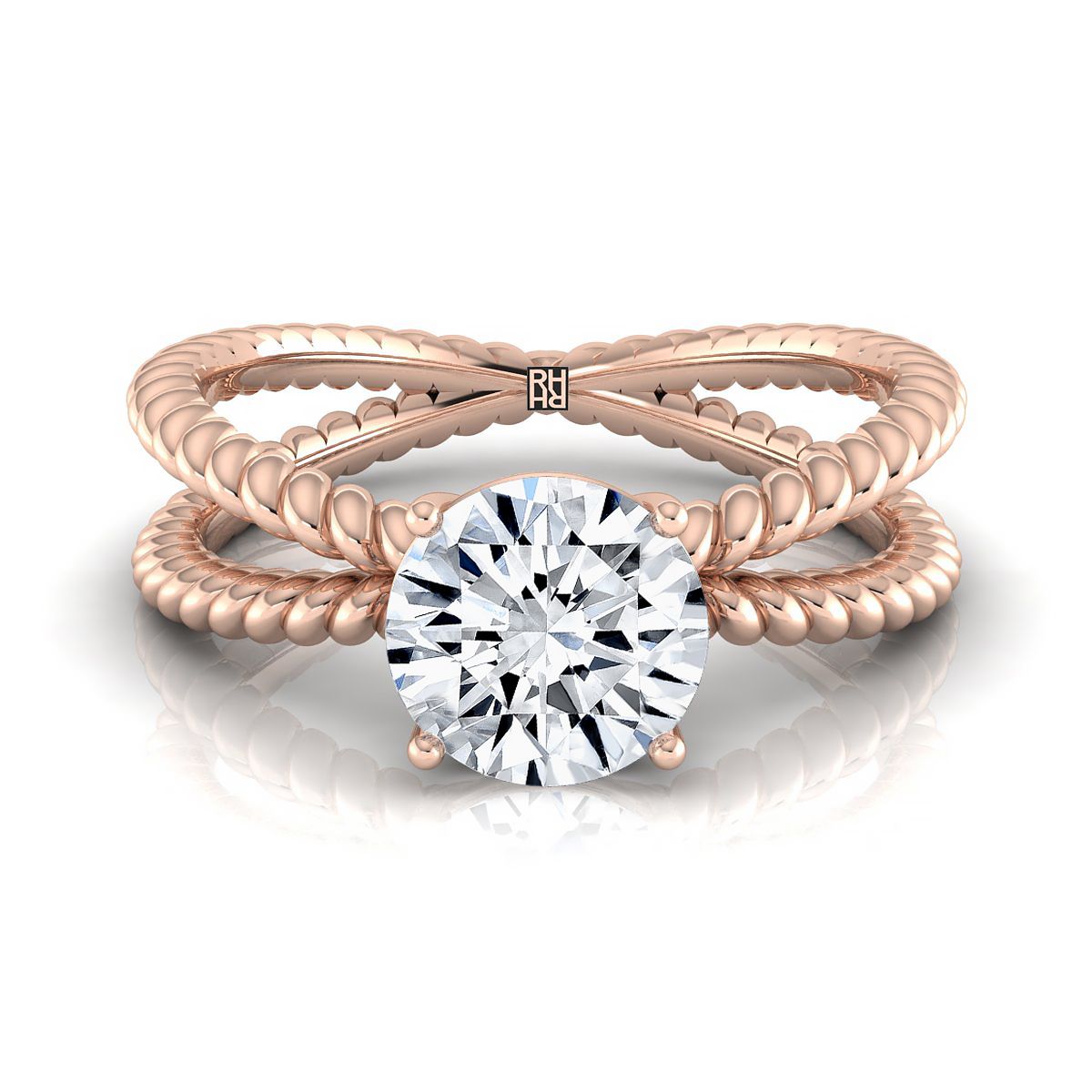 Round Brilliant, Criss Cross Twisted Rope Split Shank Solitaire, in 14K Rose Gold, prong setting | RockHer