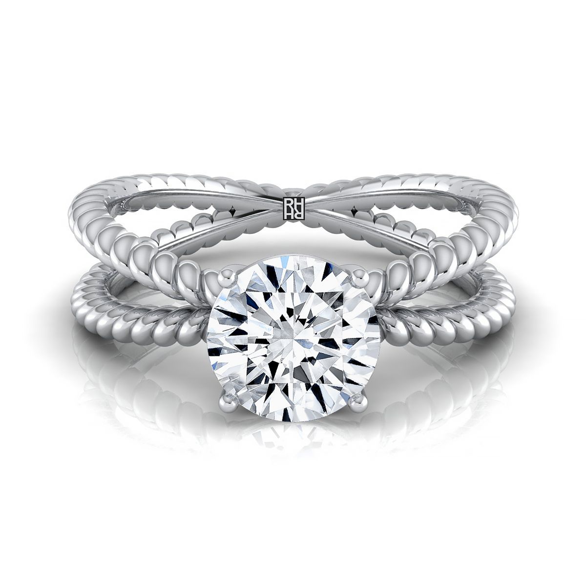 Round Brilliant, Criss Cross Twisted Rope Split Shank Solitaire, in 18K White Gold | RockHer