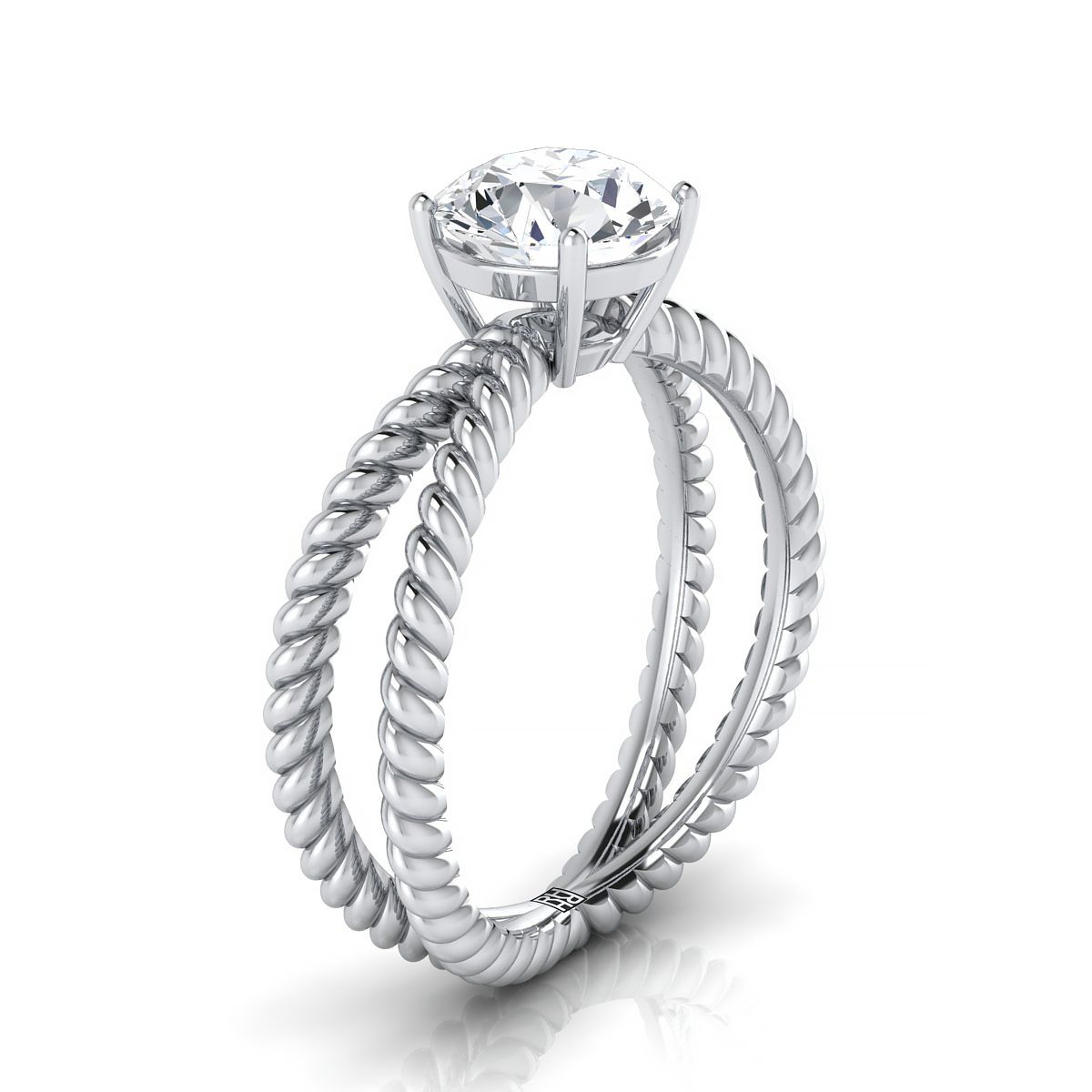 Round Brilliant, Criss Cross Twisted Rope Split Shank Solitaire, in Platinum, prong setting – side profile | RockHer