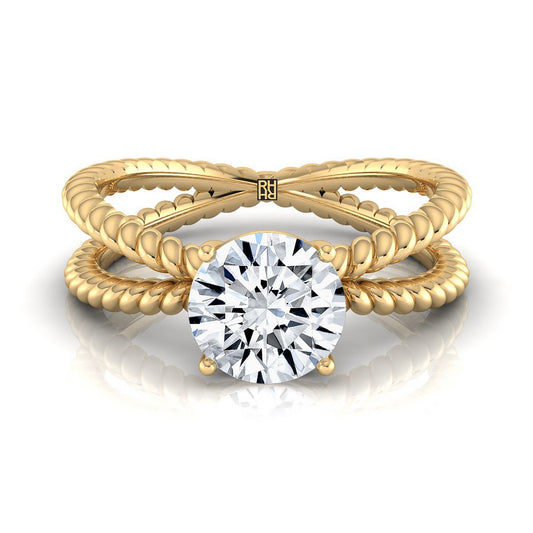 Round Brilliant, Criss Cross Twisted Rope Split Shank Solitaire, in 18K Yellow Gold | RockHer