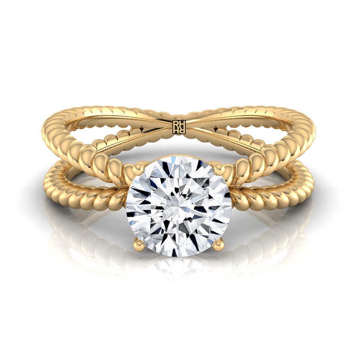 14K Yellow Gold Round Brilliant Criss Cross Twisted Rope Solitaire Engagement Ring