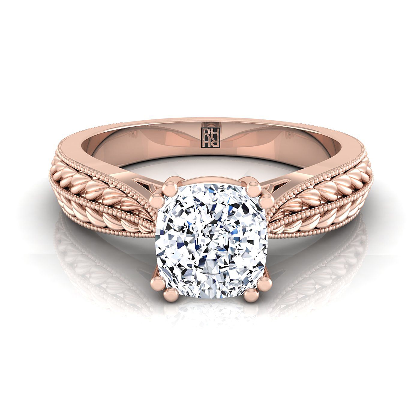Antique Wheat Bead Solitaire Cushion, in 14K Rose Gold, prong setting | RockHer