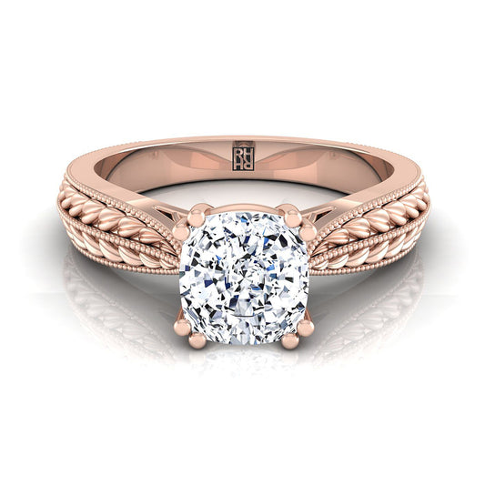 Antique Wheat Bead Solitaire Cushion, in 14K Rose Gold, prong setting | RockHer