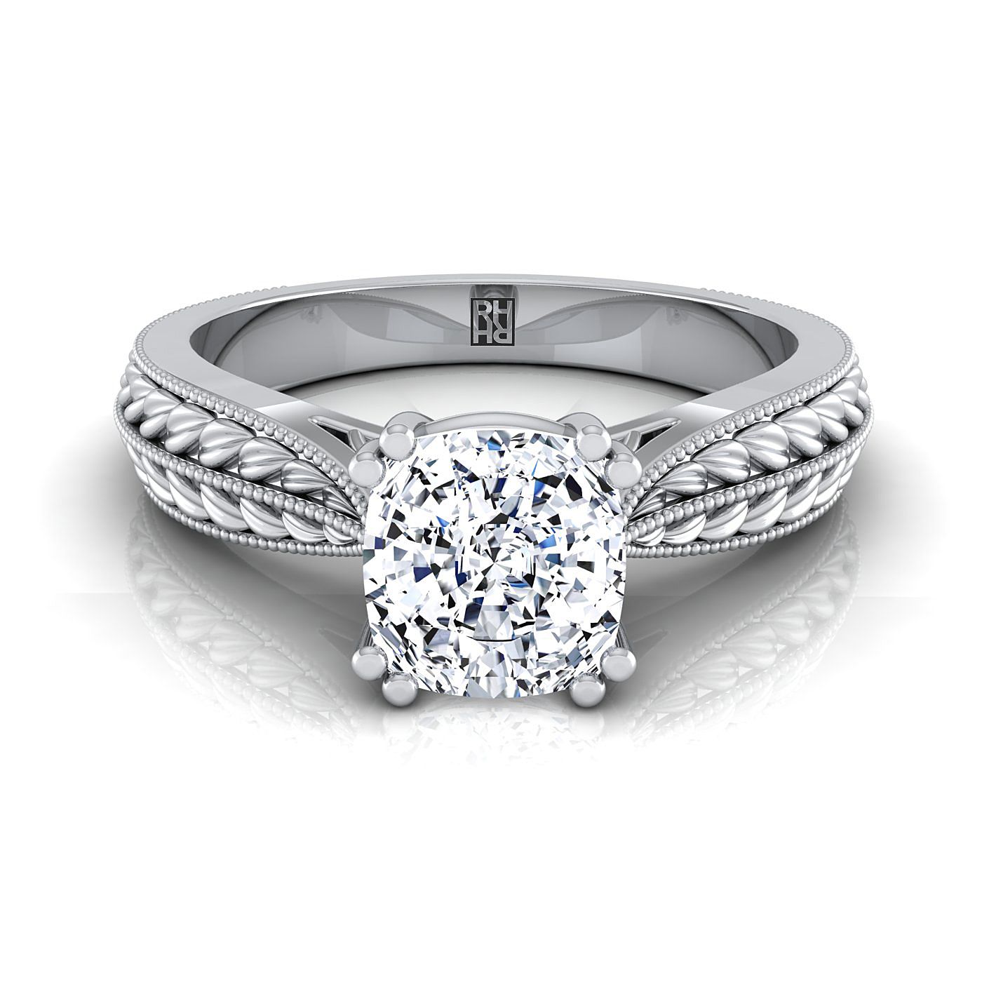 Antique Wheat Bead Solitaire Cushion, in Platinum, prong setting | RockHer