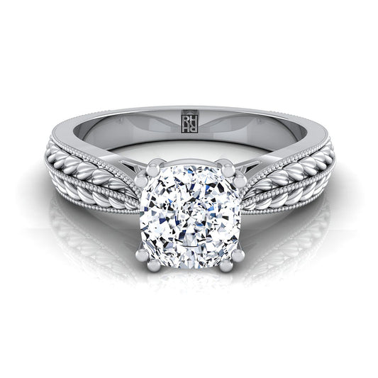 Antique Wheat Bead Solitaire Cushion, in Platinum, prong setting | RockHer
