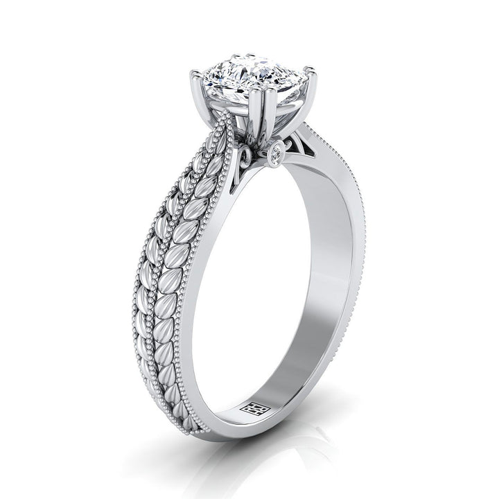Antique Wheat Bead Solitaire Cushion, in Platinum, prong setting – side profile | RockHer