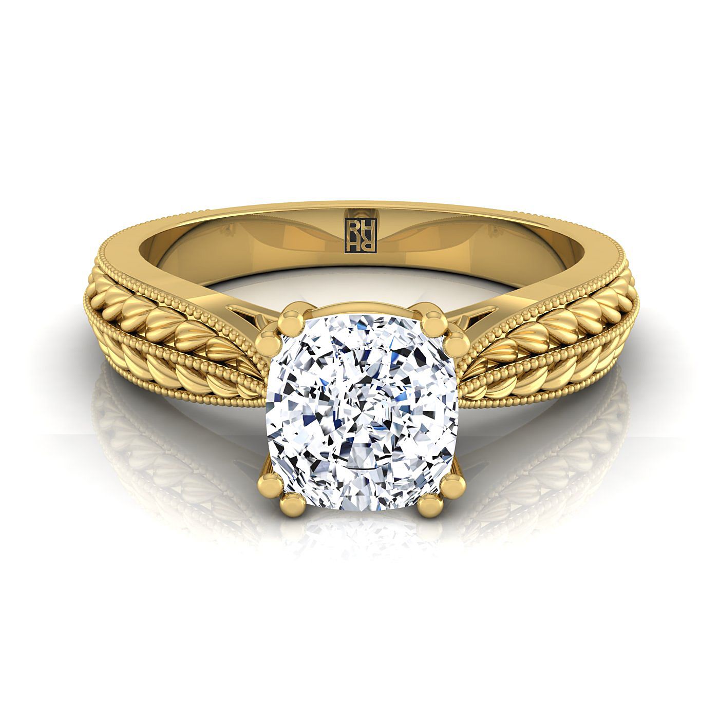 Antique Wheat Bead Solitaire Cushion, in 18K Yellow Gold | RockHer