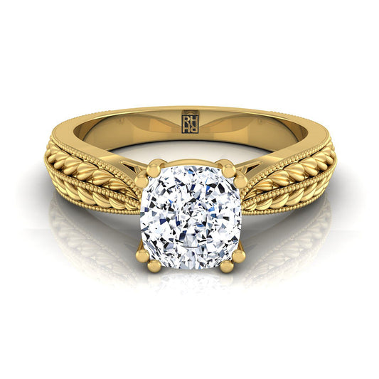 Antique Wheat Bead Solitaire Cushion, in 18K Yellow Gold | RockHer