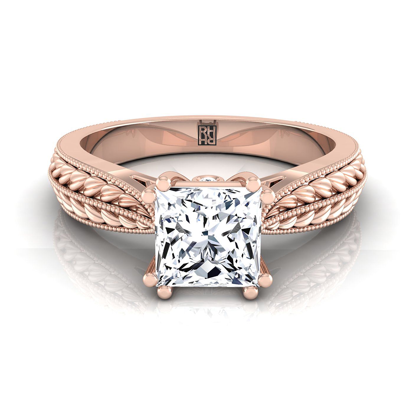 Antique Wheat Bead Solitaire Princess, in 14K Rose Gold, prong setting | RockHer