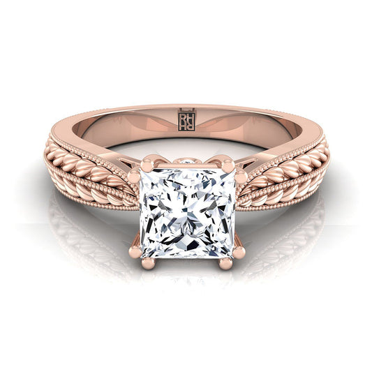 Antique Wheat Bead Solitaire Princess, in 14K Rose Gold, prong setting | RockHer